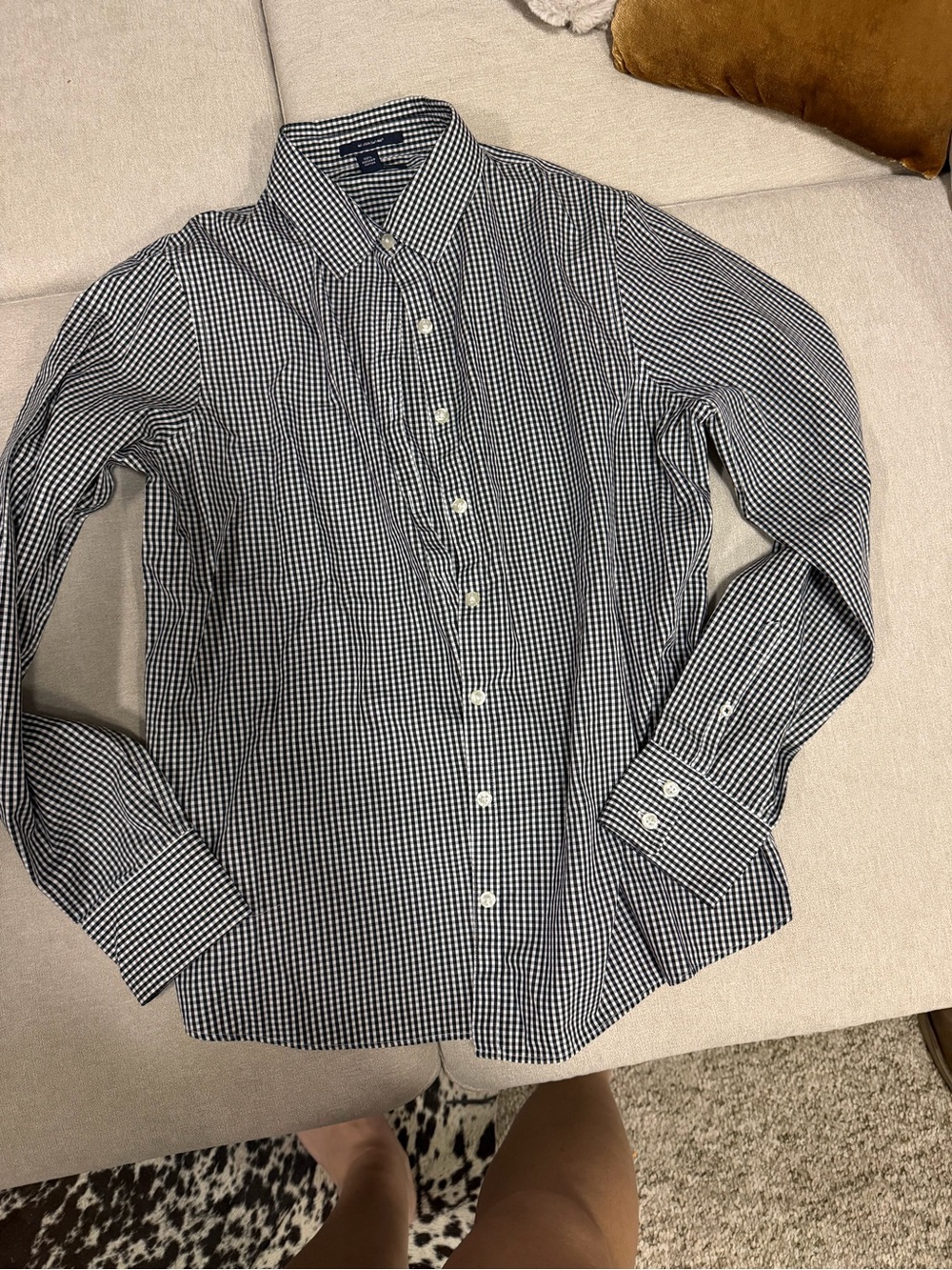 Lands' End Navy & White Gingham Button-Down Shirt